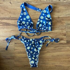 Frankies Bikinis by PINK bikini set daisy denim reign bottom/halter top XS/S NWT